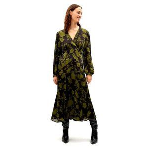 MANGO Long Sleeve Satin Midi Dress (Size 6)